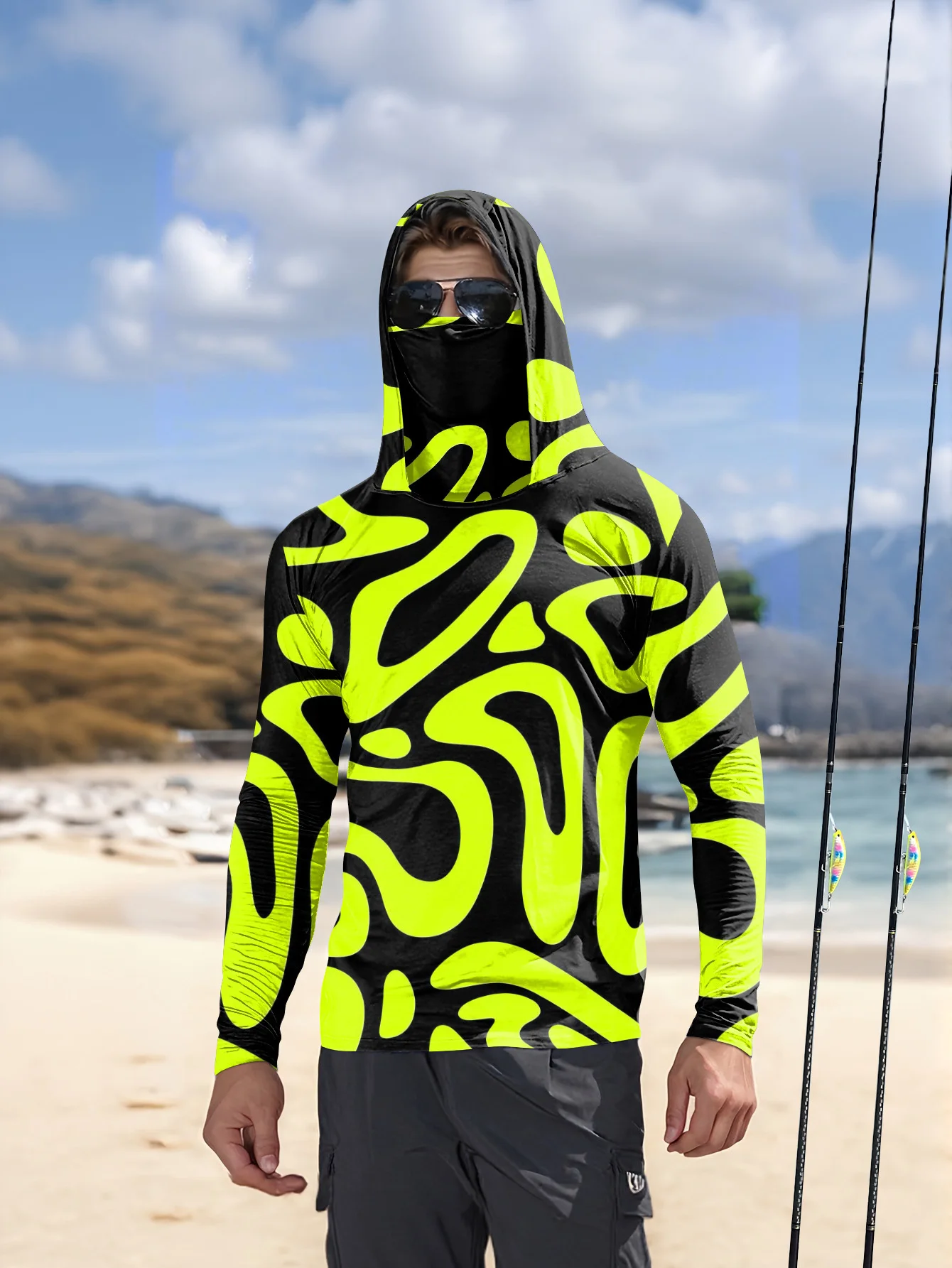 Men's Neon Green Abstract Prin - Fishing Mask Sun Protection recension och pris